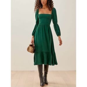 Reformation Women's Smocked Ruffle Square-Neck Midi Mica Dress In Emerald Size 8